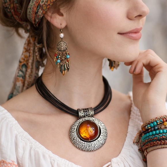 Lia Sophia Jewelry - Lia Sophia Crescent Moon Necklace Amber Resin Silver Tone Boho Celestial Cord